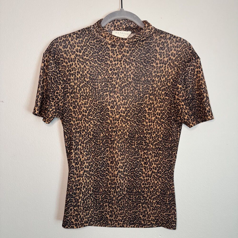 Leopard Print Mock Neck Top Stretchy Womens Medium Sheer 90s Vintage Mob Wife